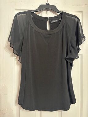 New York & Company Black Sheer Flutter-Sleeve Top